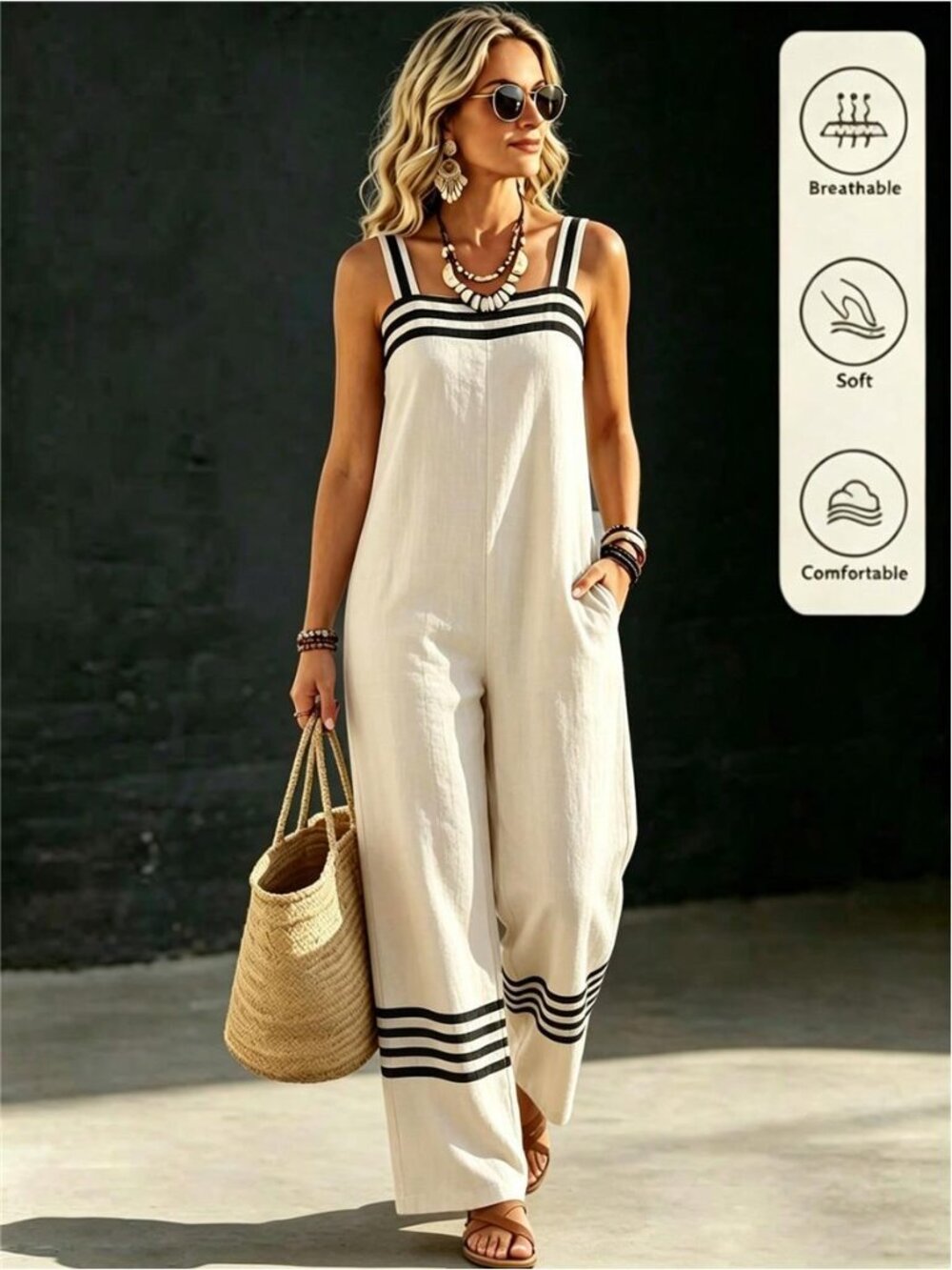 Women's Khaki Striped Patchwork Loose Casual Jumpsuit